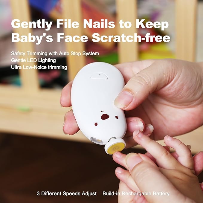 Baby Nail File Electric, Gentle Rechargeable Nail Trimmer, Baby Nail Clippers Grooming Kit Manicure Set for Infant Toddler or Adults, 6 Grinding Head Replacement Pads White