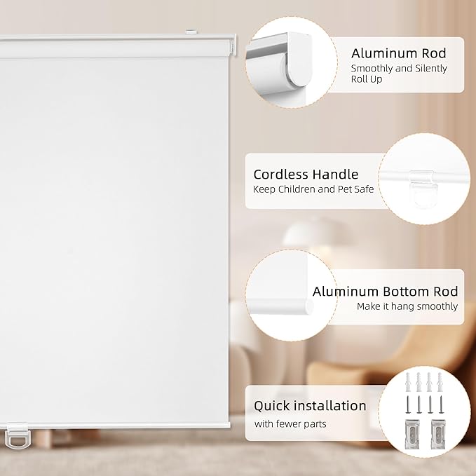 ChrisDowa Cordless Blackout Roller Shades for Windows, Thermal Insulated UV Protection Pull Down Shades, Total Blackout Window Blinds for Home, Office, Bedroom, Door (27" W x 72" H, White)