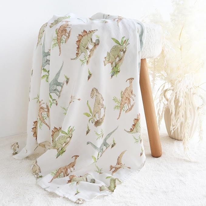LifeTree Muslin Swaddle Blankets, Baby Swaddling Wrap Nursery Blanket for Boys & Girls, Soft 70% Viscose from Bamboo and 30% Cotton, Large 47 x 47 inches, Sea Turtle & Dinosaur