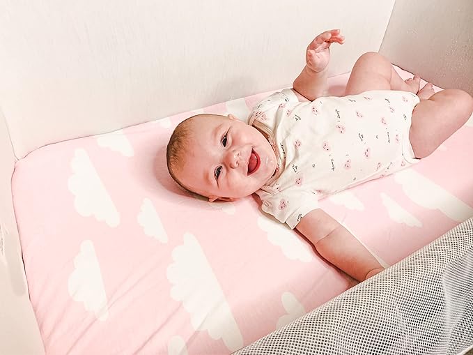 BaeBae Goods Premium Bassinet Fitted Sheet Set - 4 Pack 100% Jersey Knit - Standard Size Oval or Halo Bassinet Pads - Pink Floral