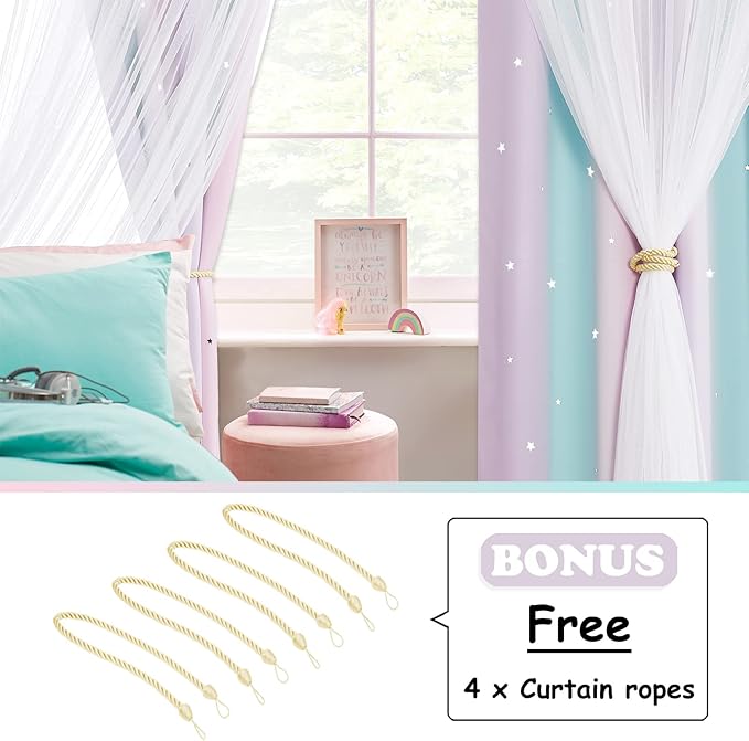 NICETOWN Curtains for Girls Bedroom Kids Hollow-Out Star Window 2 Layers Curtain 63 inches Length Room Darkening Grommet for Baby Nursery, 2 Panels, Blue & Purple & Pink, W34 x L63