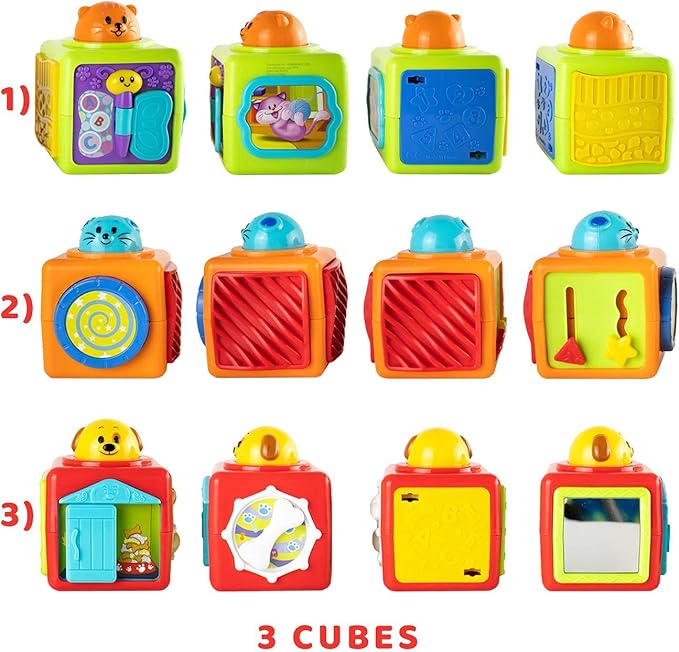 Bambiya Activity Cubes & Stacking Toy Blocks Set of 3 - Baby Blocks for Toddlers w/Animal Theme - Gross & Fine Motor Skills: Slide, Spin, Wiggle, Turn, Stack - Educational 3 Month Old Toys for Babies