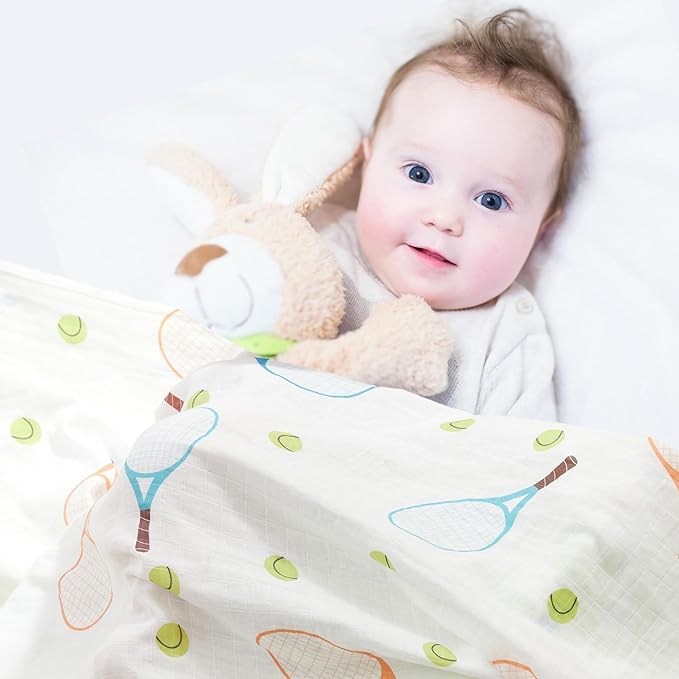 70% Rayon Made from Bamboo 30% Cotton Muslin Swaddle Blanket, 47 x 47 Inches, Tennis Print Baby Receiving Blanket, Soft and Breathable, Unisex, 2 Pack