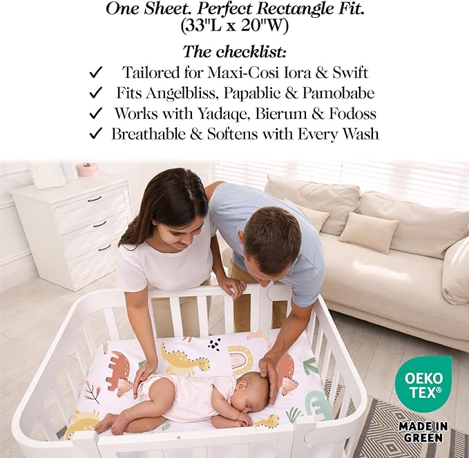 100% Organic Cotton Baby Bassinet Sheets 3-Pack - Fits Angelbliss, Maxi-COSI Iora/Swift, Papablic Baby Bassinet, YADAQE, Pamobabe, BIERUM & Fodoss - Breathable Rectangle Mattress (33"x20")