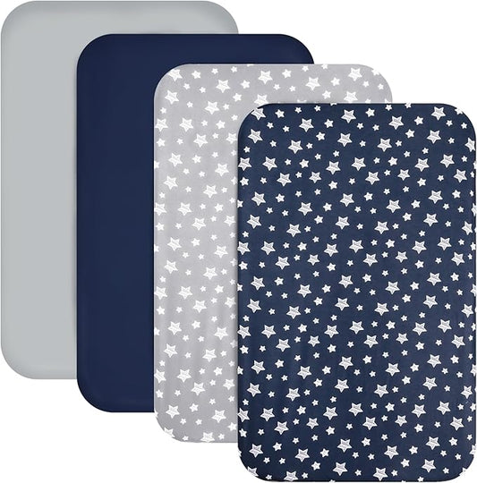 Mini Portable Crib Sheets for Boys (38" X 24") 4 Pack, Compatible with Dream on Me, Delta Porta Crib and Arms Reach Ideal Cosleeper
