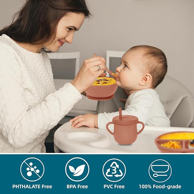 Dormlony 100% Silicone Baby Feeding Set, 9 Pcs: Bib, Divided Plate, Bowl, Sippy Cup, Spoons & Forks (Carrot)