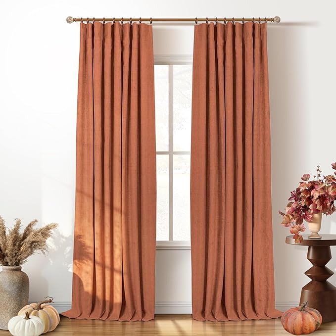 INOVADAY 100% Blackout Curtains for Bedroom, Black Out Curtains 120 Inch Long, Clip Rings Linen Blackout Drapes, Thermal Insulated Room Darkening for Living Room, 2 Panels - Orange,W50xL120