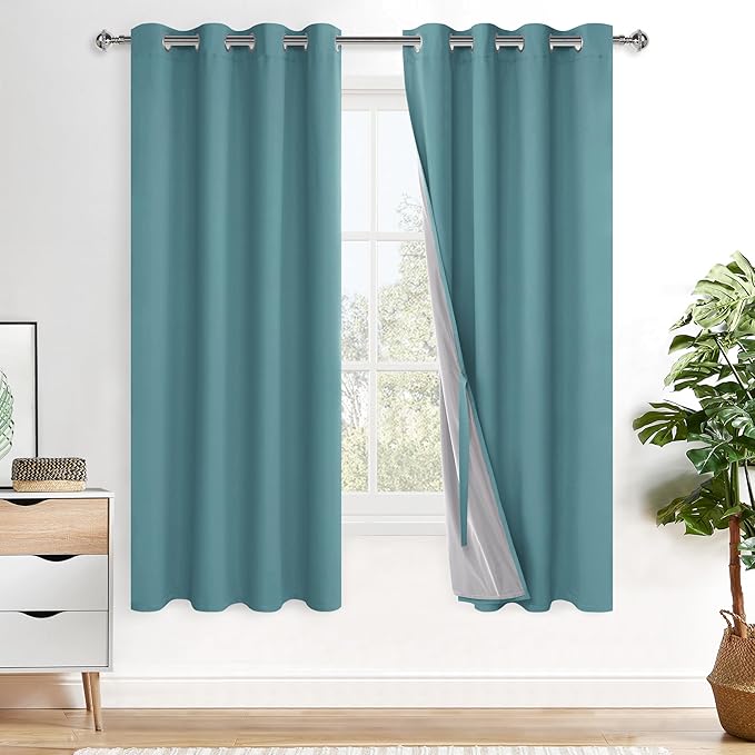 XWZO 100% Blackout Curtains 2 Panels with Tiebacks- Heat and Full Light Blocking Window Treatment with Black Liner for Bedroom/Nursery, Grommet, Stone Blue, W52 x L63 Inches Long, Set of 2