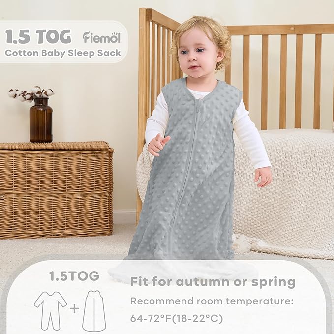FIEMOL Fleece Baby Sleep Sack 0-6 Months, 1.5 TOG Cotton Baby Wearable Blanket With Soft Plush Dots, 2 Pack Newborn and Infant Warm Sleeping Sack with 2-Way Zipper Green&Grey
