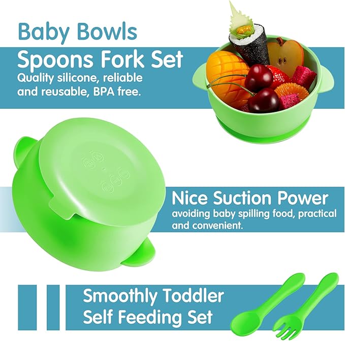 CHENGU 12 Pcs Silicone Bowl with Suction Set for Baby Toddler with Suction Plate, Spoon and Fork, Divided Design Baby Feeding Utensils Weaning Kit, Dishwasher and Microwave Safe