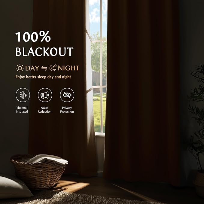 Beauoop 100% Blackout Curtains 54 Inch Long 2 Panels for Bedroom Living Room Brown Solid Room Darkening Thermal Insulated Soundproof Energy Saving Grommet Top Window Treatment Drapes,52x54, 2 Set