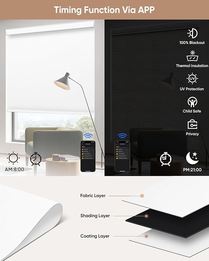 Kincmo Motorized Blinds with Remote,100% Blackout Motorized Roller Shades Work with Apple Homekit,Alexa,Google, Custom Electric Blinds with App,Voice Control (Pure White)