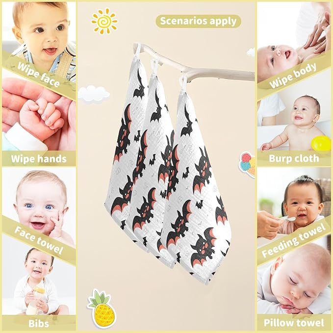 vvfelixl Baby Muslin Washcloths Cute Bats Cartoon Baby Burp Cloths Cotton Baby Face Towel for Newborn Infants Boys Girls Soft and Absorbent 11.8 X 11.8 in, 3 Pack