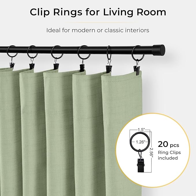 INOVADAY 100% Blackout Curtains for Bedroom, Black Out Curtains 84 Inch Long, Clip Rings Linen Blackout Drapes, Thermal Insulated Room Darkening for Living Room, 1 Panel - Sage,W102xL84