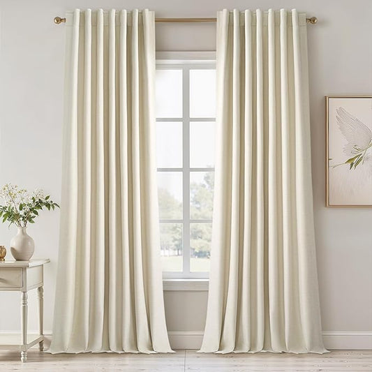 Cream Extra Long 132 Inch 100% Blackout Curtains for Livingroom Neutral Boho Linen Blend Farmhouse Curtain Drapes Sound Proof Drapes Privacy Ceiling Track Villa Bedroom 11Ft(W52 xL132 2 Panels)