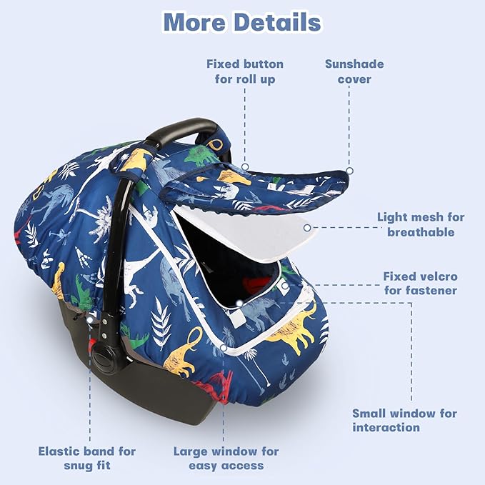 Hooyax Baby Car Seat Cover with Dual Zipper, Extra Large Mesh Window Carseat Canopy, All-Season Weather Protection for Infant Car Seats & Strollers (Dinosaur)