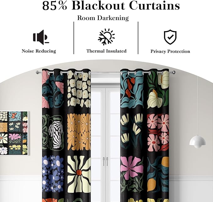 Boho Vintage Floral Blackout Curtains，Retro Colorful Lattice Flower Modern Art Aesthetic Window Drapes，Living Room Bedroom Decor 2 Panels 52x84 Inch