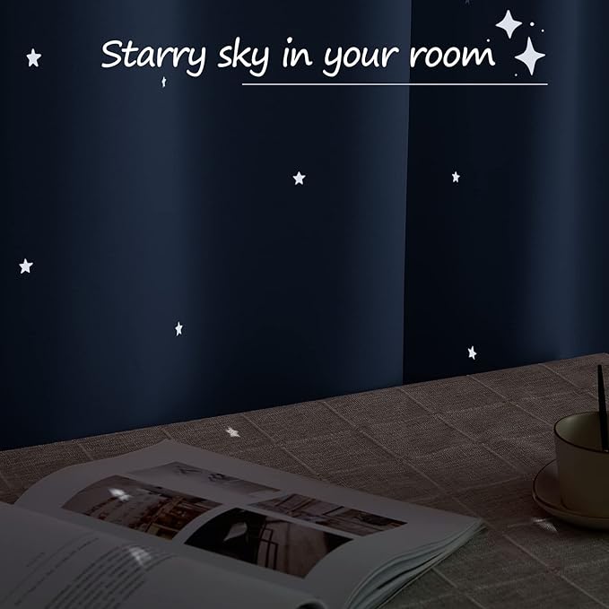 NICETOWN Kids Curtains for Boy's Bedroom, Laser Cutting Star Galaxy Curtains Energy Saving Window Treatment Grommet Thermal Insulated Drapes for Baby Room/Nursery, 1 Pair, 52W x 63L, Stone Blue