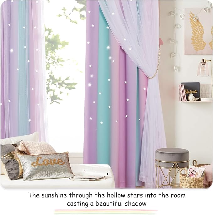 NICETOWN Baby Room Decor, White Gauze & Blackout Drapes Assembled, Star Cut Romantic and Colorful Curtains with Versatile Styling Options for Birthday Party (Blue & Purple & Pink, Each is W52 x L84)