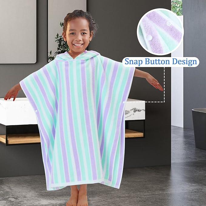 VOOVA & MOVAS Poncho Towels for Kids (4-8Years), Quick Dry Lightweight Absorbent Cotton Hooded Towel Robe for Pool | Swim | Beach | Bath, Aqua Purple Stripe
