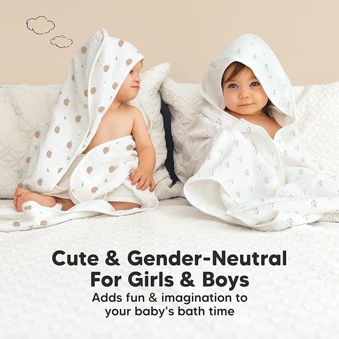 KeaBabies Muslin Baby Bath Towels with Hood for Girls, Boys -Large Organic Cotton Hooded Baby Towels for Newborns,Toddlers,Infant,Kids,Soft Absorbent Newborn Bath Essentials Gift Set(Petunia, Regular)