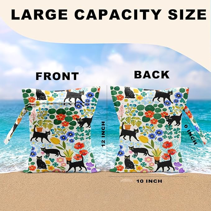 2Pcs Cat Wet Bags 12x10 Inch, Colorful Flowers Waterproof Travel Laundry Bags, Floral Reusable Wet Dry Bag for Swimsuit Pool Beach Diapers Dirty Yoga Gym Clothes, Cat Gifts for Women Friend Travelers