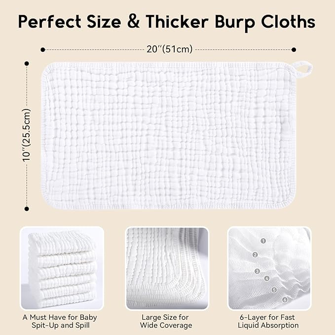 Unnivoll Muslin Burp Cloths for Baby 100% Cotton Burping Cloths for Boys Girls Large 20''X10'' Extra Soft and Absorbent 12 Pack - White