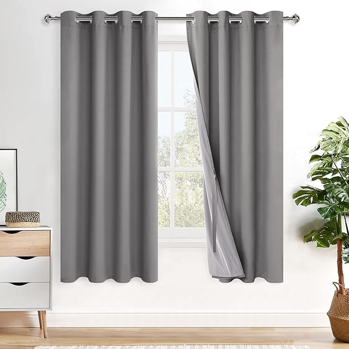 XWZO Total Blackout Curtains 63 Inches Long - Double Layer Full Room Darkening & Energy Efficiency Grommet Window Panels with Tiebacks for Living Room/Bedroom, Grey, W52 x L63, Set of 2