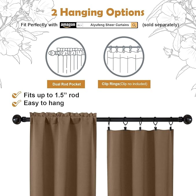 Aiyufeng Brown Short 36 Inches Blackout Curtain 2 Panels Set, Half Window Rod Pocket Privacy Curtain Tiers for Kitchen, Curtains Blackout for Bathroom Shades, W40 x L36 Inch, Brown