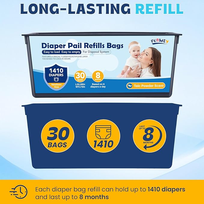 Diaper Pail Refill Bags 30 Bags Per Refill，Compatible with Genie Easy Roll Signature Diaper Pails Holds Up to 2820 Newborn Diapers 7 Layer Odor Barrier Technology 2PACK (60 Bags)