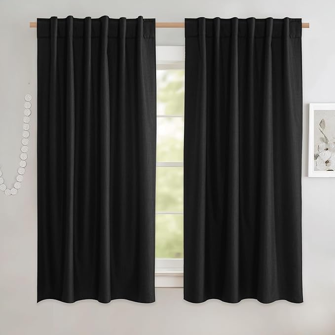 NICETOWN Black Truly Blackout Linen Blend Flax Drapes for Office, Vintage Back Tab 100% Blackout Curtains with White Liner Backing for Kitchen Dorm Window（Set of 2, 52" Wide x 63" Long