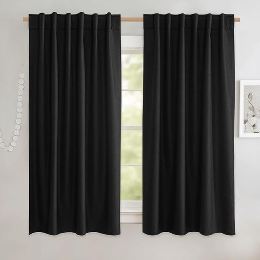 NICETOWN Black Truly Blackout Linen Blend Flax Drapes for Office, Vintage Back Tab 100% Blackout Curtains with White Liner Backing for Kitchen Dorm Window（Set of 2, 52" Wide x 63" Long