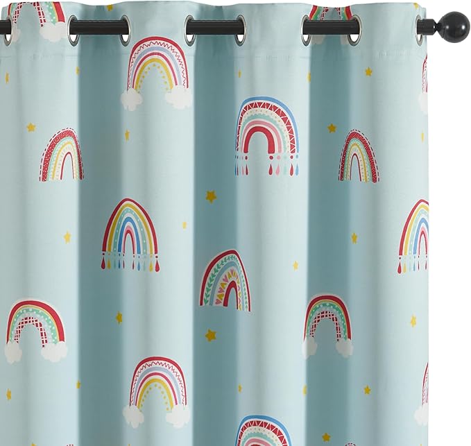 Vangao Easter Boho Girls 100% Blackout Curtains Pastel Blue for Kids Room 63 Inch Length, Rainbow Window Drapes for Living Room Nursery Thermal Insulated Room Darkening Bedroom Grommet 2 Panels