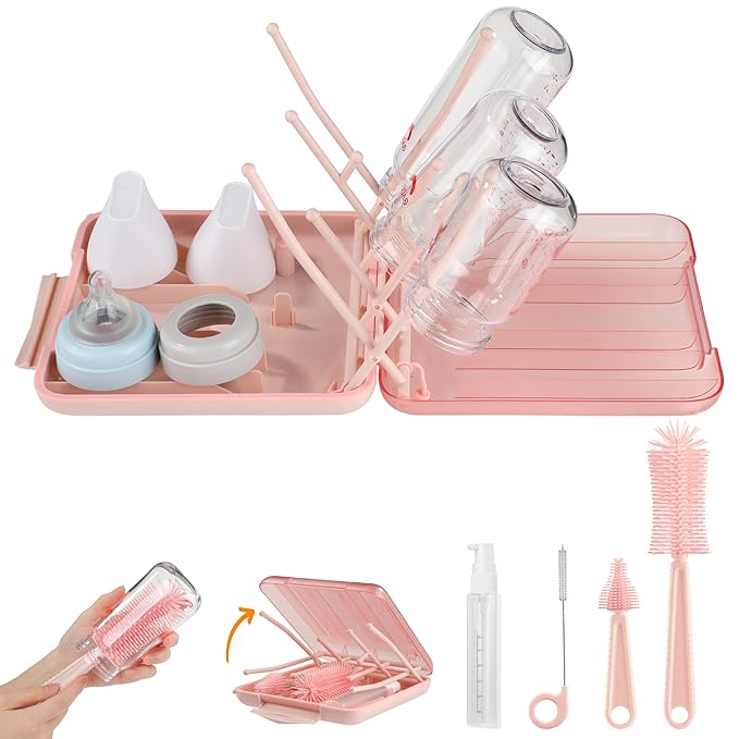 YomauiYee Baby Bottle Brush Set-6 in 1 Bottle Brush Cleaner with Silicone Bottle Brush,Drying Rack,Nipple Brush,Straw Brush,Soap Dispenser&Storage Box-Baby Essentials Gifts for Home&Travel(Pink)