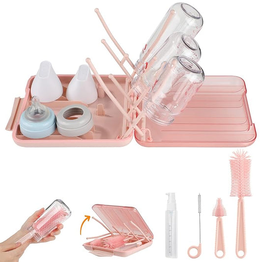 YomauiYee Baby Bottle Brush Set-6 in 1 Bottle Brush Cleaner with Silicone Bottle Brush,Drying Rack,Nipple Brush,Straw Brush,Soap Dispenser&Storage Box-Baby Essentials Gifts for Home&Travel(Pink)