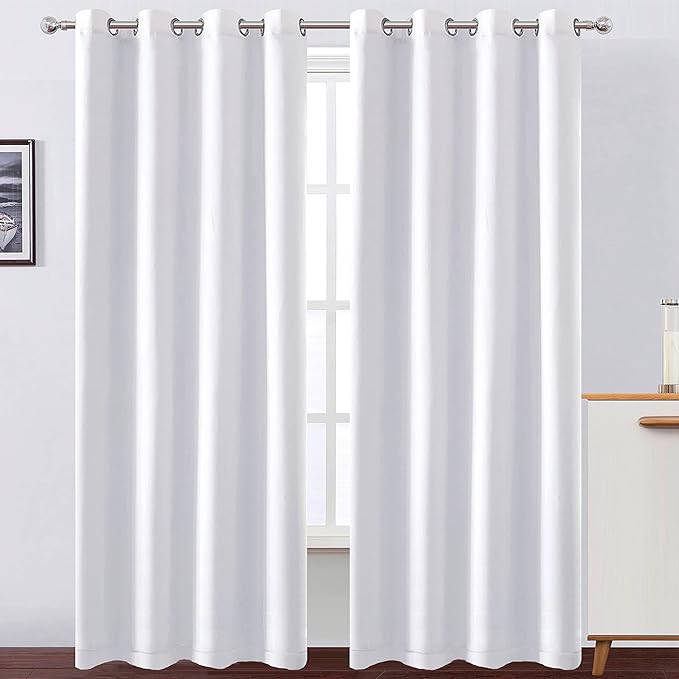 LEMOMO 100% Blackout Curtains 52 x 95 Inch/White Curtains 2 Panels with Black Lining Room Darkening Thermal Insulated Bedroom Curtains