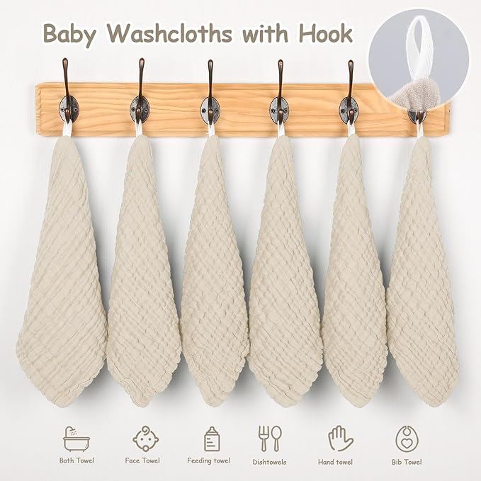 Looxii Muslin Baby Washcloths 6 Pack, 100% Cotton Baby Wash Cloths for Baby Face Body, 12x12 inches Large Soft Absorbent Face Towels for Newborns