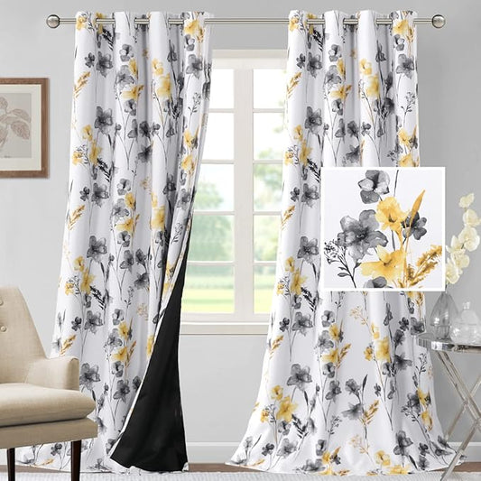 H.VERSAILTEX 100% Blackout Curtains 108 inch Length 2 Panels Set Cattleya Floral Printed Drapes Leah Floral Thermal Curtains for Bedroom with Black Liner Sound Proof Curtains, Grey and Yellow