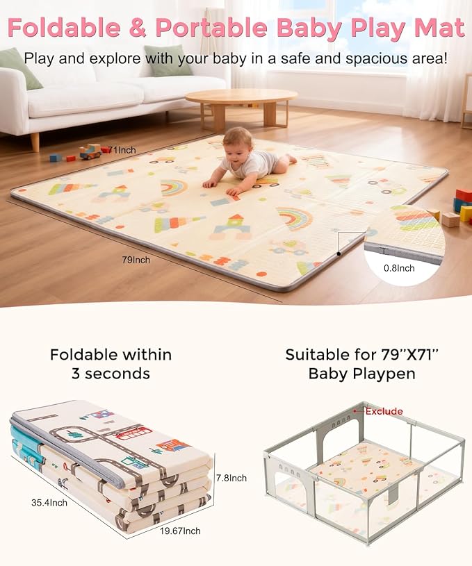 Baby Foam Play Mat 79x71 | 0.8Inch Thick Foldable Baby Foam Playmat | Waterproof Playmat for Toddler Crawling | Reversible XPE Large Floor Playroom Play Mats for Kids