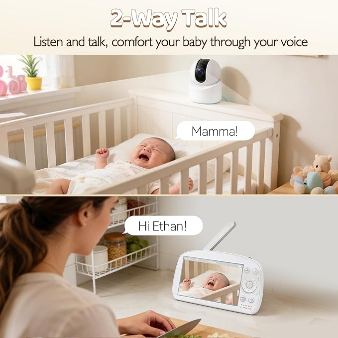 Baby Monitor with Camera and Audio, No WiFi, 5" HD IPS Screen & Remote Pan-Tilt-Zoom, HD Night Vision, 2-Way Talk, Cry Notifications, Temperature Sensor, 5 Lullabies, 1000ft Long Range