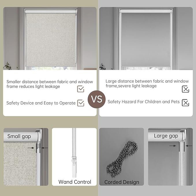 Allbright Linen Roller Shades with Wand Rod, Cordless Fabric Roller Blinds with Thermal Insulated, 100% Blackout Window Shades for Home, Office, Bedroom, Beige, 39" W x 72" H