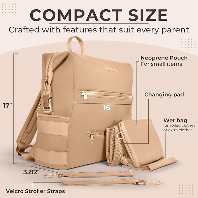 BUNSO Neoprene Diaper Bag, Minimalist Backpack Diaper Bag with Pouch, Changing Pad, and Stroller Straps, Water Resistant and Lightweight Baby Diaper Bag Backpack, Womens and Mens Diaper Bag, Khaki