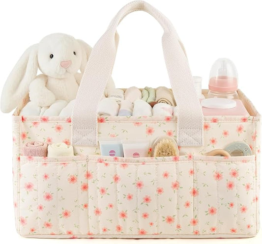Baby Diaper Caddy Organizer with Portable Changing Mat-Portable Baby Organizers and Storage, Gift for Baby Shower, Baby Essentials Organizer with Removable Dividers (Pink Floral)