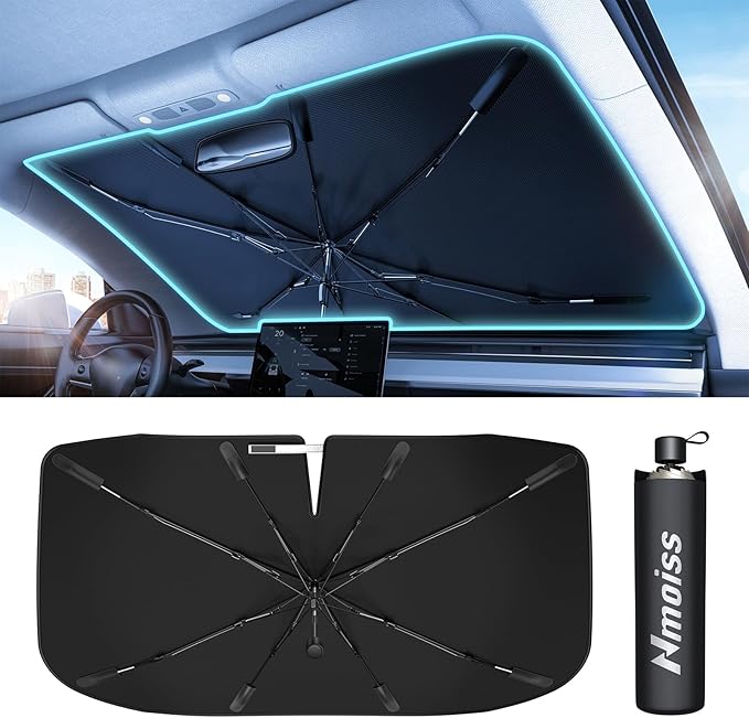 [2025 Upgraded] Nmoiss Windshield Sunshade Umbrella Car - [Vinyl Coating Heat Shield] Protect Car from Sun Rays & Heat Damage Keep Cool and Protect Interior X-Small (52" L x 28" W)