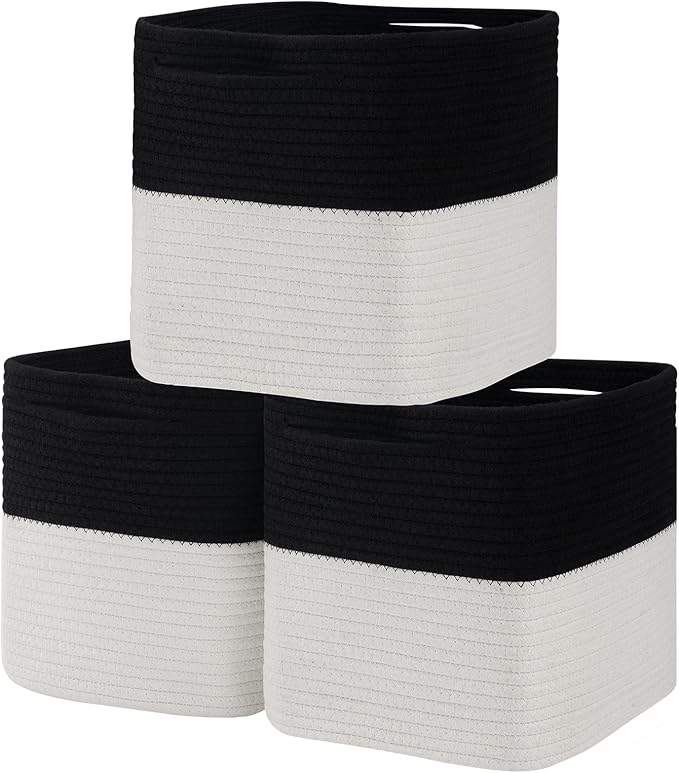 Cube Storage Bin 11" x 10.5" x 10.5" Cotton Rope Basket Square Woven Storage Basket for Shelves, Closet Organizer, Soft Towel Sock Basket, Black/White, 3 Pack