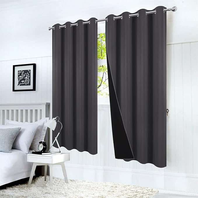 LEMOMO 100% Blackout Curtains 52 x 72 Inch Dark Grey Curtains 2 Panels Darkening Thermal Insulated Bedroom Curtains
