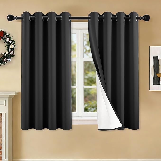 100% Blackout Curtains 54 Inch Length for Bedroom Living Room, Grommet Thermal Insulated Room Darkening Drapes, Light Blocking Window Treatment Decor, 2 Panels, 54x54, Black