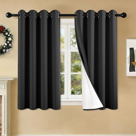 100% Blackout Curtains 54 Inch Length for Bedroom Living Room, Grommet Thermal Insulated Room Darkening Drapes, Light Blocking Window Treatment Decor, 2 Panels, 54x54, Black