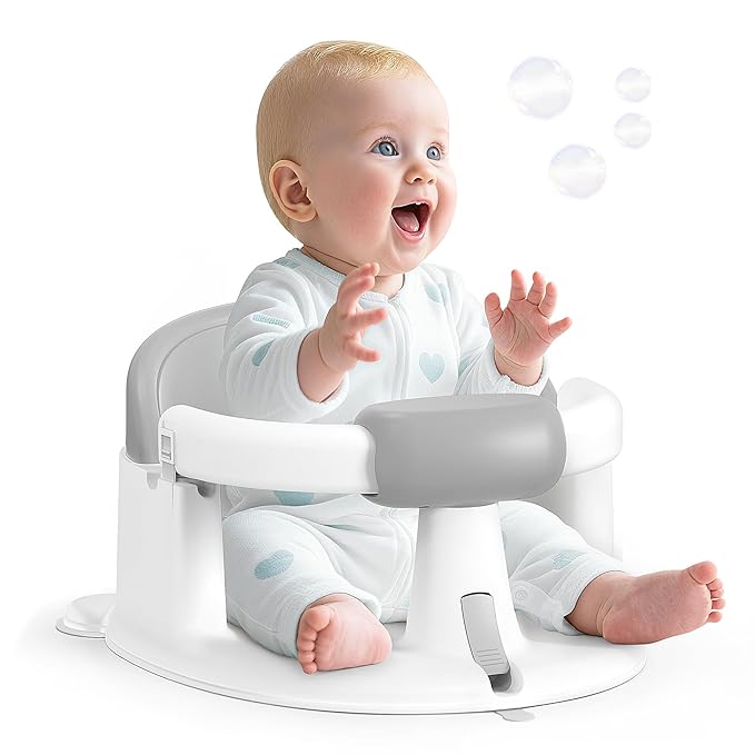 Baby Bath Seat Baby Bathtub - with Strong Suction Cups and 360° Surround Support – Easy Release, Non-Slip Cushion, Lockable Armrests – Infant Bath Chair for Babies 6-24 Months, Grey