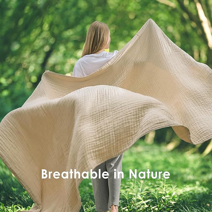EMME Cotton Muslin Blanket Twin XL - 66"x90" Lightweight Breathable Light Tan Layering Bedspread Coverlet All Season Gauze